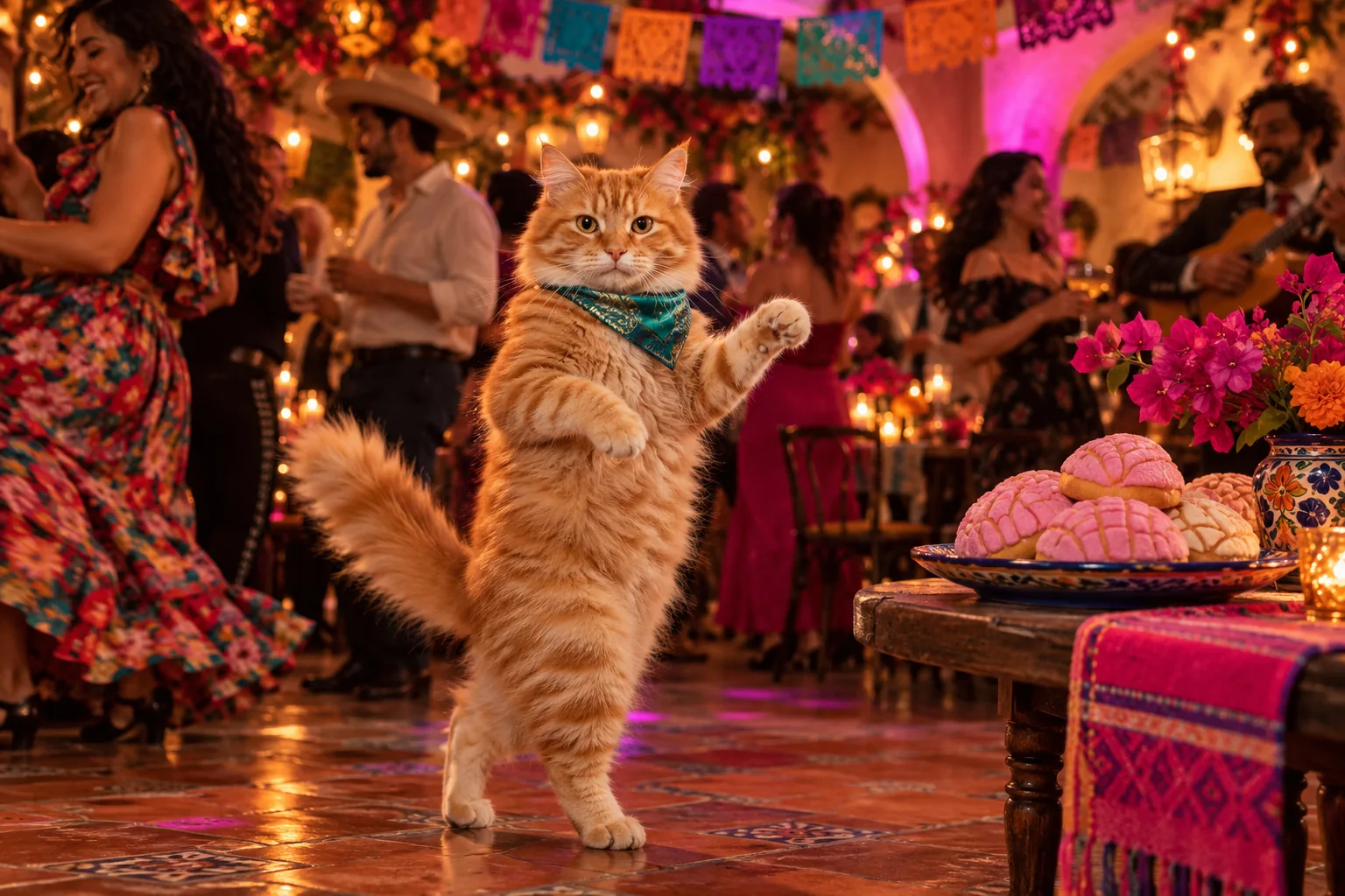 Orange tabby cat at a warmly lit party beneath colorful banners, illustrating a playful pet dance concept